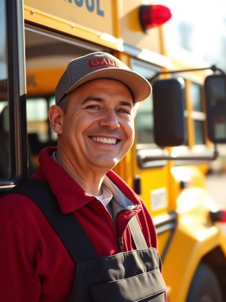 Friendly bus driver beside a yellow school bus