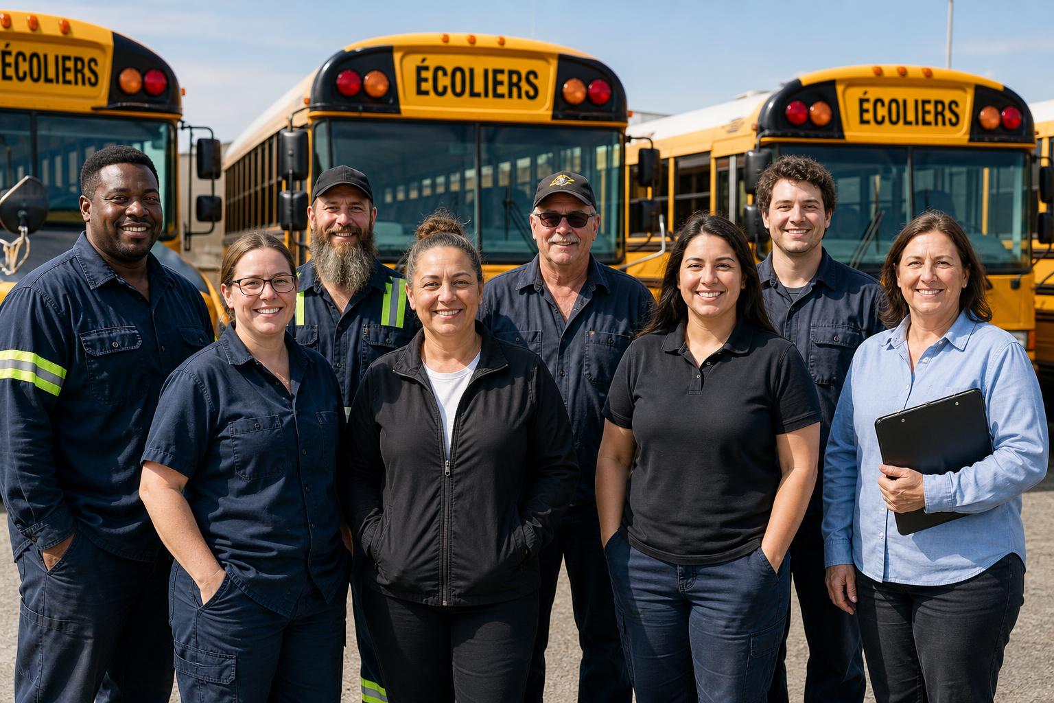 Team group photo near buses
